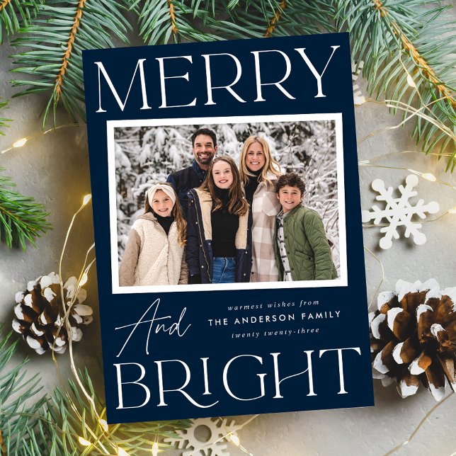 Modern Snapshot Navy Merry and Bright Photo Holiday Card (Creator Uploaded)