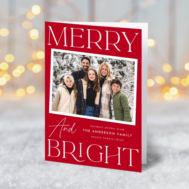 Modern Snapshot Red Merry and Bright 2 Photo Holiday Card (Creator Uploaded)