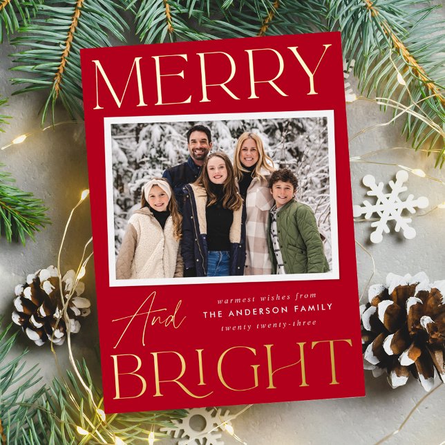 Modern Snapshot Red Merry and Bright Photo Foil Holiday Card (Creator Uploaded)