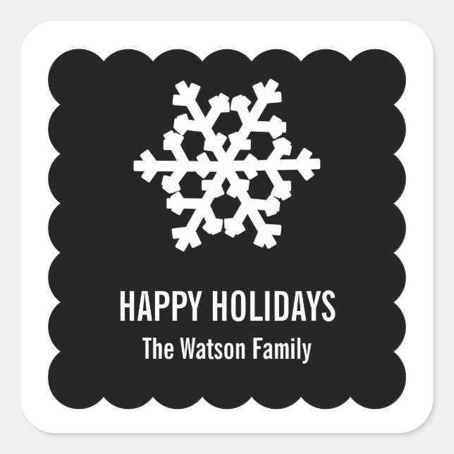 Modern snow flake black scallop christmas holiday square sticker (Front)