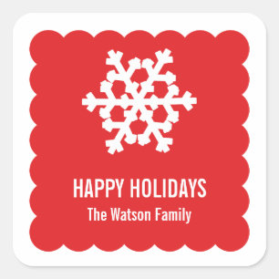Modern snow flake red scallop christmas holiday square sticker