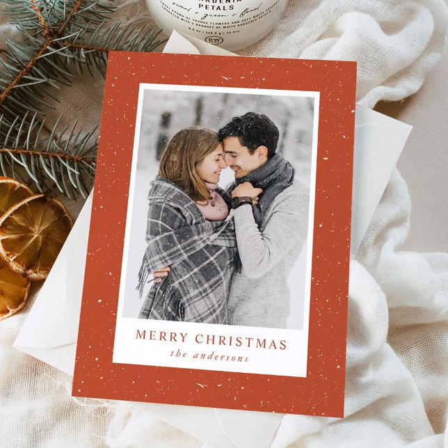Modern Snow Flurries Rust Photo Holiday Card (Creator Uploaded)