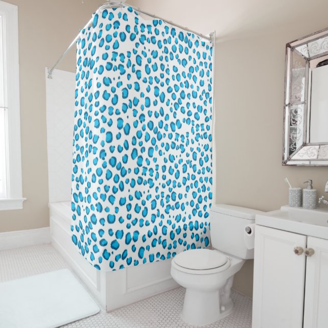 Modern Snow Leopard Animal Print Pattern Blue Shower Curtain (In Situ)