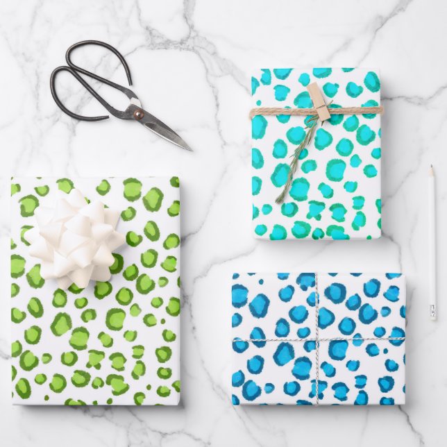 Modern Snow Leopard Blue Green Animal Print Wrapping Paper Sheet (Front)