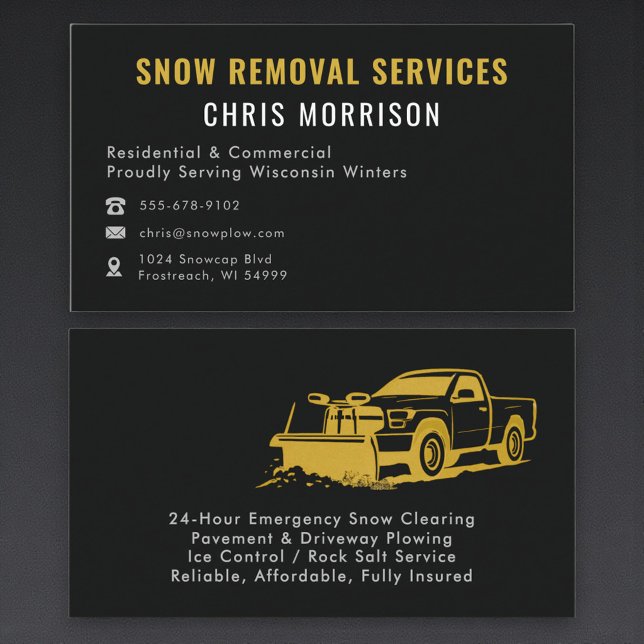 Modern Snow Plowing Removal Black Gold Business Card (Creator Uploaded)