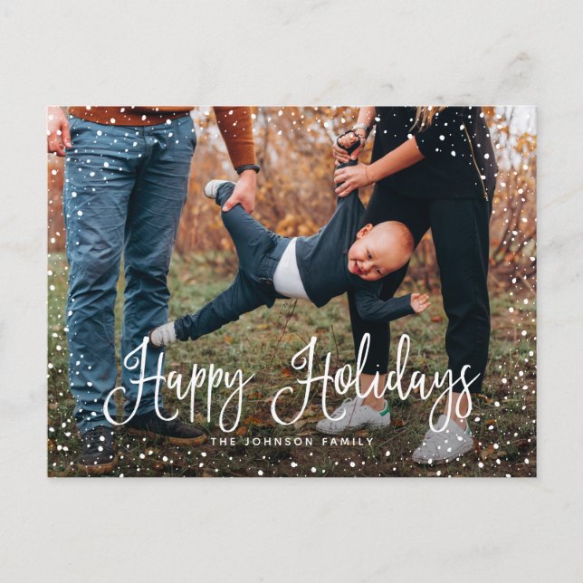 Modern Snow Script 2 Photo Holiday Postcard (Front)