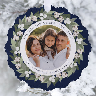 Modern Snowberry Greenery Wreath Navy Photo Tree Decoration Card