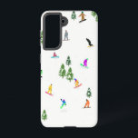 Modern Snowboarding Illustration   Samsung Galaxy Case<br><div class="desc">Cool whimsical illustration art of colourful snowboarders,  snowboarding downhill in mountains among pine,  spruce,  and pine trees on fresh snow powder. Snowboard and Xmas outdoor sport in a winter forest. Snowboarder gifts. Snowboarding design for him</div>