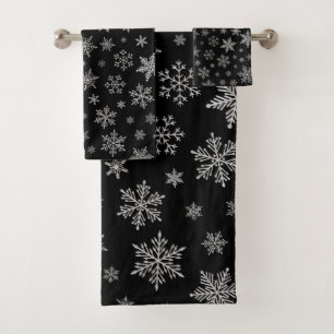 Modern Snowflake 2 -Black & Silver Grey- Bath Towel Set