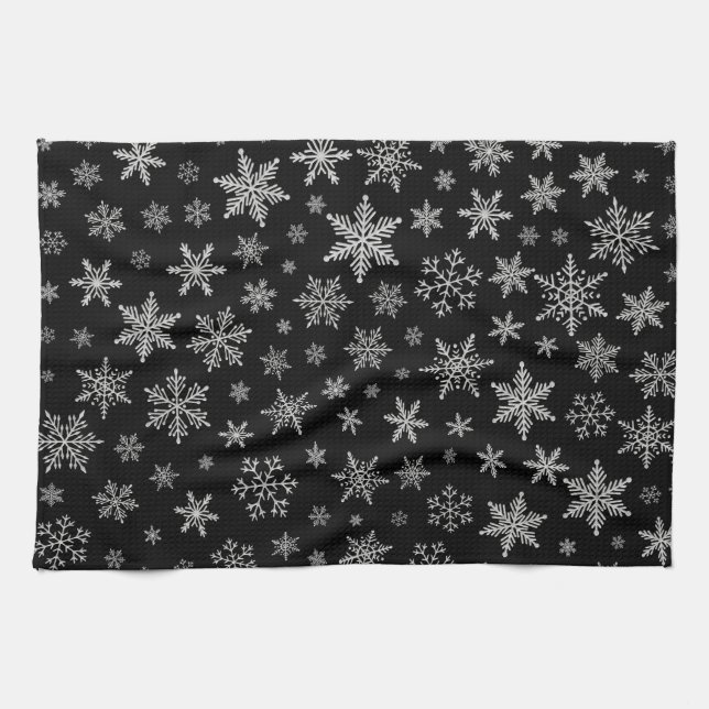 Modern Snowflake 2 -Black & Silver Grey- Tea Towel (Horizontal)