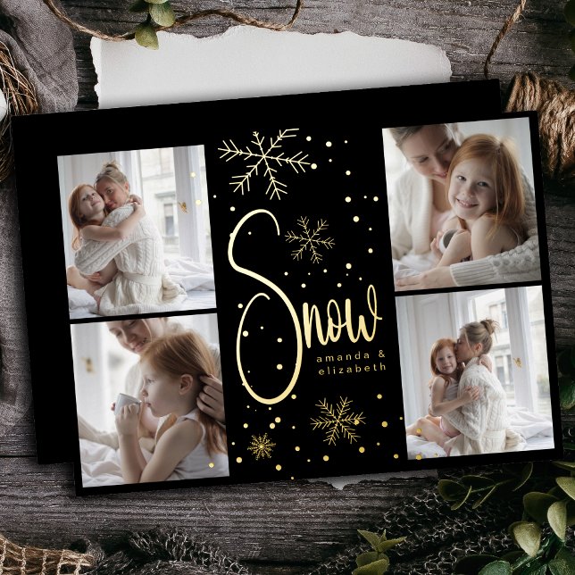 Modern Snowflake 4 Family Pictures Christmas 2023 Foil Holiday Card (Creator Uploaded)