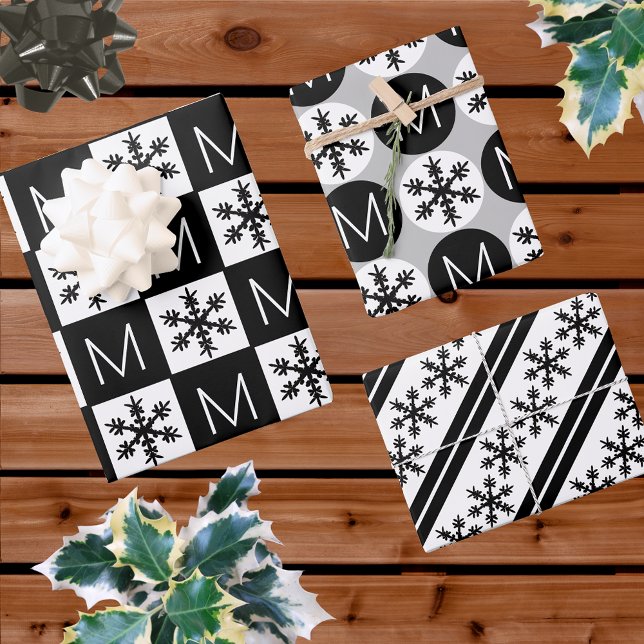 Modern Snowflake Add Monogram Black And White Wrapping Paper Sheet (Creator Uploaded)