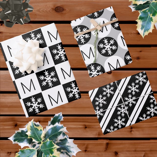 Modern Snowflake Black And White Add Monogram Wrapping Paper Sheet (Creator Uploaded)