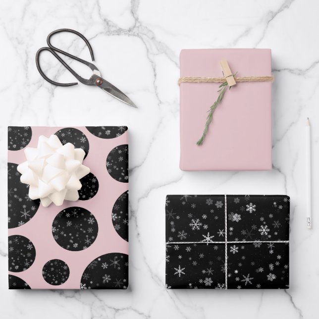Modern Snowflake Black Pink Pattern Christmas Wrapping Paper Sheet (Front)