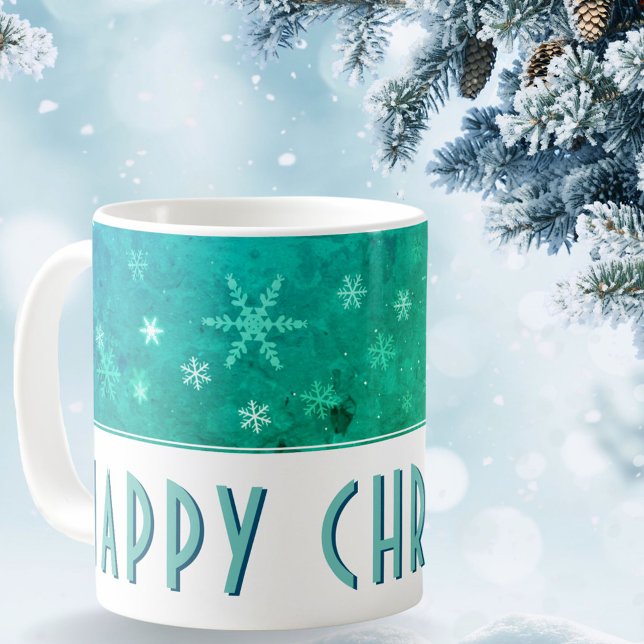 Modern Snowflake Blue Green Happy Christmas Coffee Mug (Creator Uploaded)