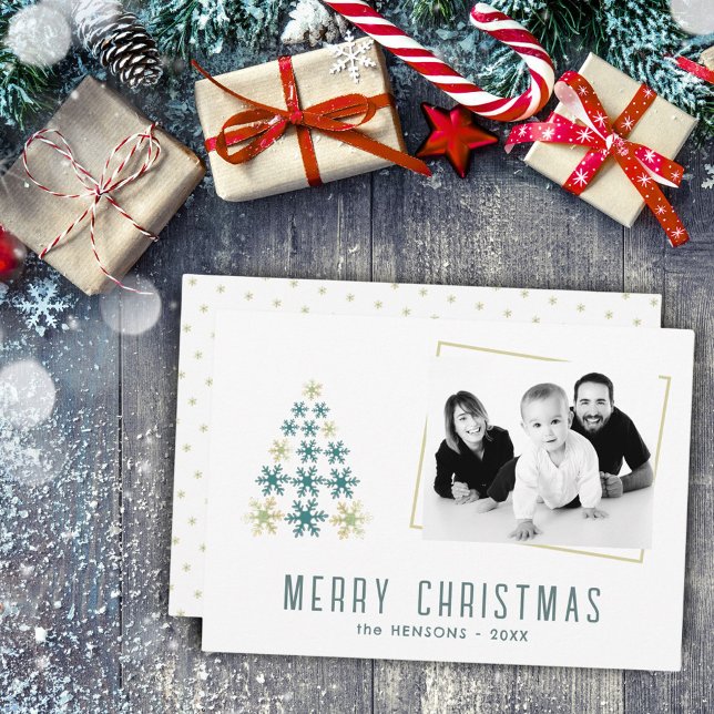 Modern Snowflake Christmas Tree Family Photo  Holiday Card (Creator Uploaded)