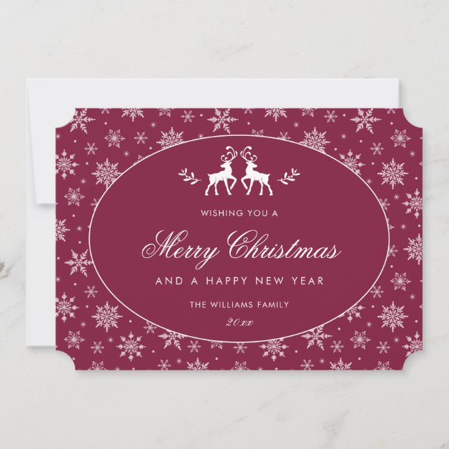 Modern Snowflake Claret Red White Reindeer Holiday Card (Front)