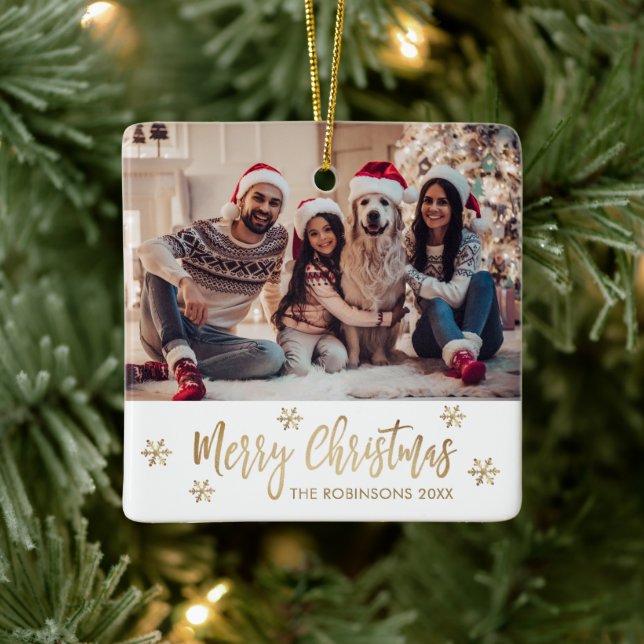 Modern Snowflake Gold and White Photo Christmas Ceramic Ornament (Tree)