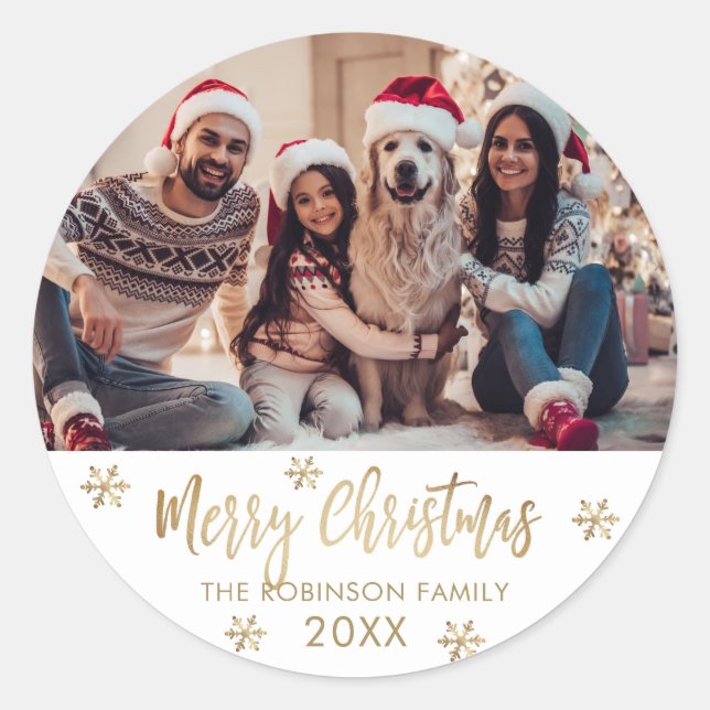 Modern Snowflake Gold and White Photo Christmas Classic Round Sticker (Front)