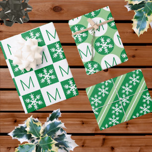 Modern Snowflake Green And White Add Monogram Wrapping Paper Sheet