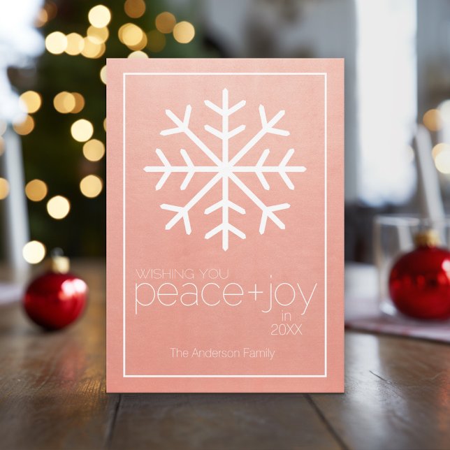 Modern Snowflake Happy New Year - Non-photo Holiday Card (Modern, minimal Christmas Card Design with a rose gold background and huge snowflake)