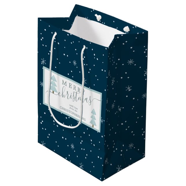Modern Snowflake MERRY CHRISTMAS Script Blue Medium Gift Bag (Front Angled)