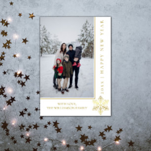 Modern Snowflake New Year's Photo Card   Gold