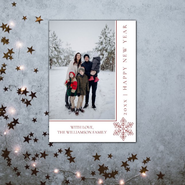 Modern Snowflake New Year's Photo Card | Red (Modern Snowflake New Years Photo Card - Red)