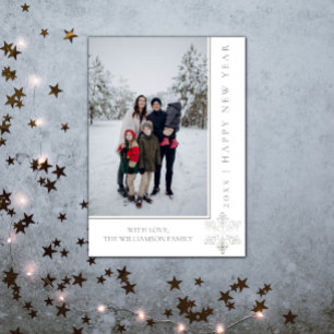 Modern Snowflake New Year's Photo Card Silver