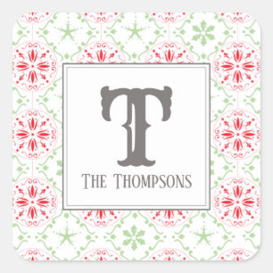 Modern Snowflake Pattern Holiday Monogram Square Sticker