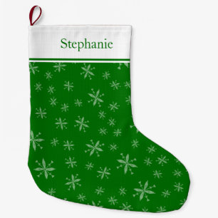 Modern Snowflake Pattern Monogrammed Green Large Christmas Stocking
