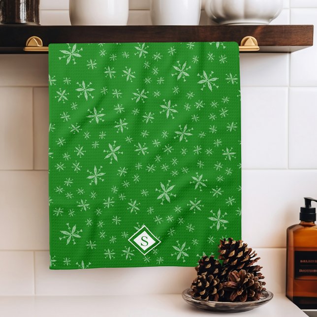 Modern Snowflake Pattern on Green Monogrammed Tea Towel (Creator Uploaded)