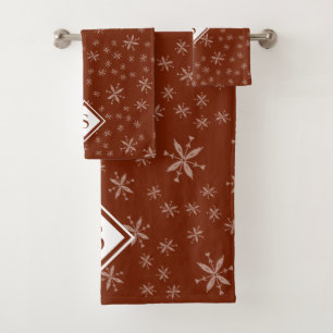 Modern Snowflake Pattern on Red Monogrammed Bath Towel Set