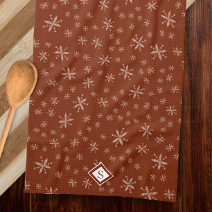 Modern Snowflake Pattern on Red Monogrammed Tea Towel