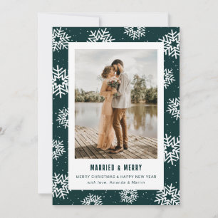 Modern Snowflake Photo Married and Merry Holiday Card