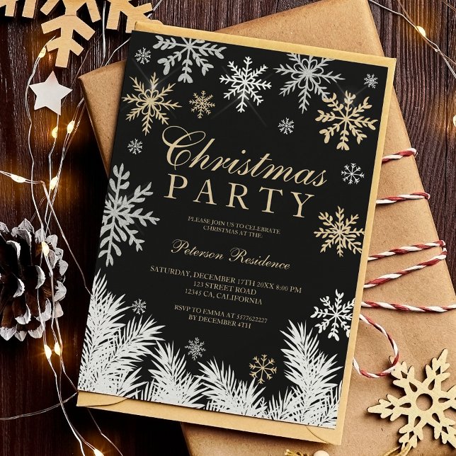 Modern snowflake pine black winter Christmas  Invitation (Modern snowflake pine black winter Christmas Invitation)