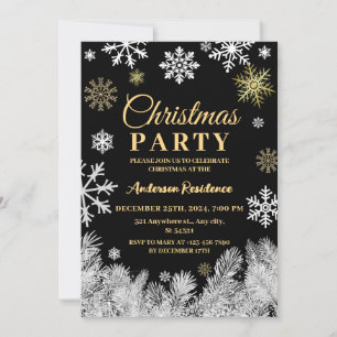 Modern snowflake pine black winter Christmas party Invitation