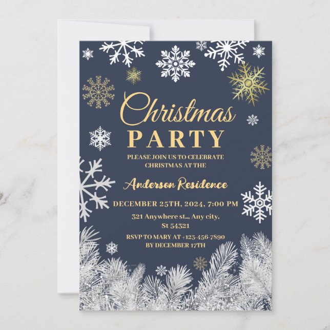 Modern snowflake pine navy winter Christmas party Invitation (Front)