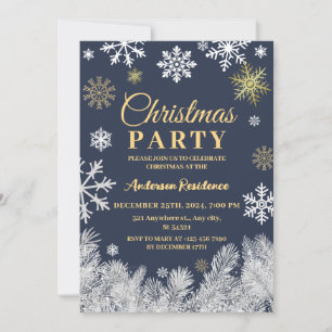 Modern snowflake pine navy winter Christmas party Invitation