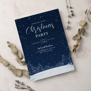 Modern snowflake pine navy winter Christmas party  Invitation