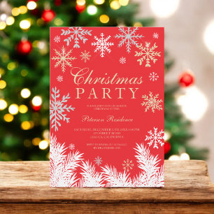 Modern snowflake pine red winter Christmas party Invitation