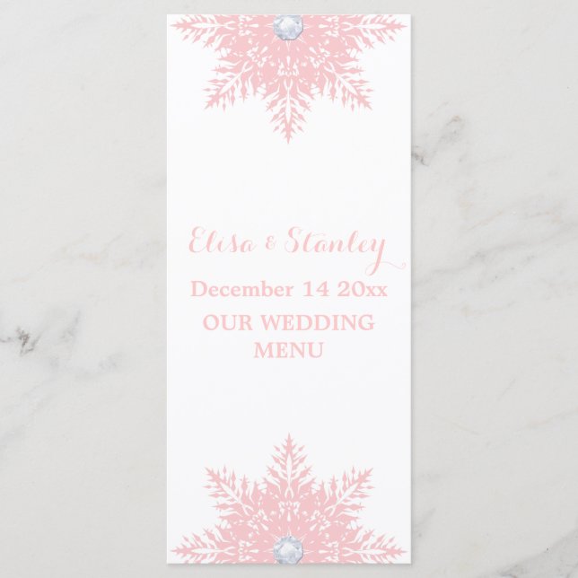 Modern snowflake pink, white wedding menu card (Front)