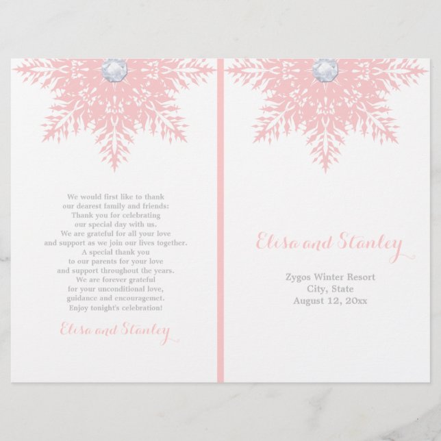 Modern snowflake pink, white wedding program (Front)