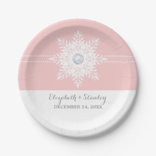 Modern snowflake pink, white winter wedding paper plate
