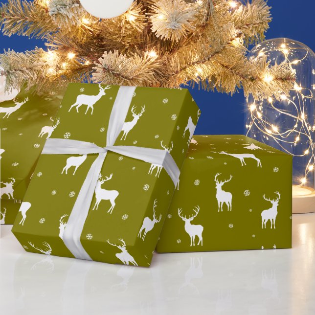 Modern Snowflake Reindeer Green Holiday Pattern  Wrapping Paper (Holidays)