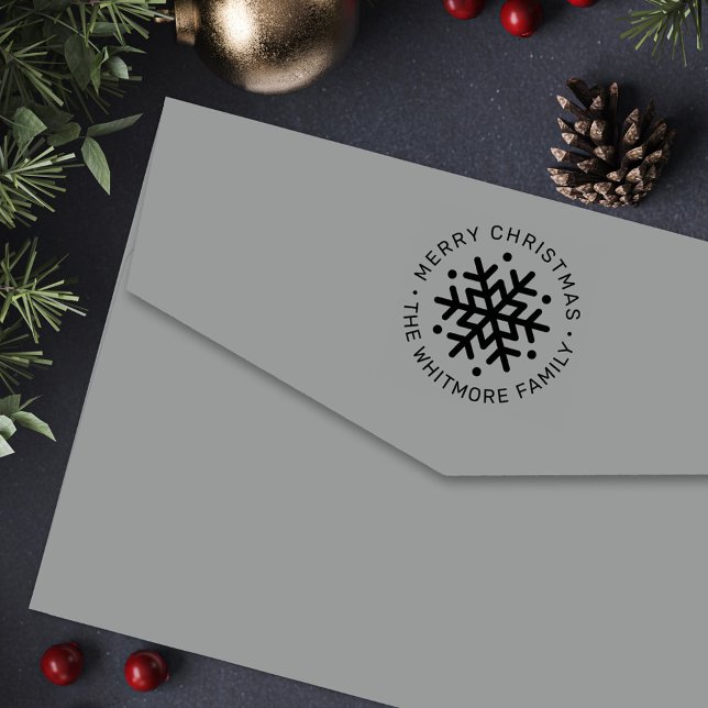 Modern Snowflake Round Merry Christmas Address Self-inking Stamp (Creator Uploaded)