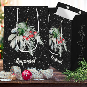 Modern Snowflake Watercolor Leaves Merry Christmas Medium Gift Bag
