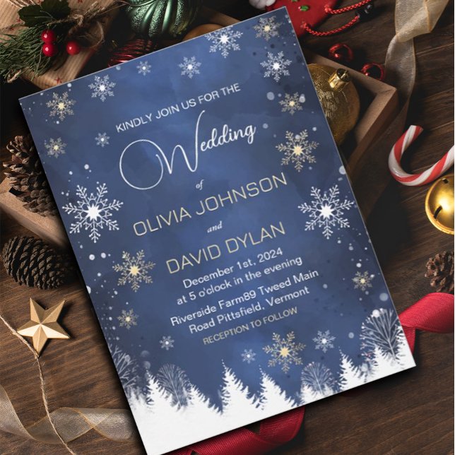 Modern Snowflake Winter Navy and Gold Wedding Invitation (#zazzlemade #Modernsnowflake #snowflakesnavyblue #ChristmasInvitation #snowflake #snowholiday )