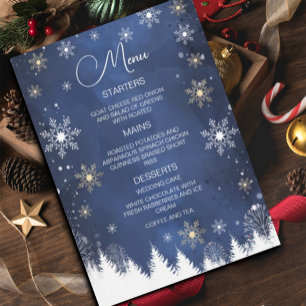 Modern Snowflake Winter Navy and Gold Wedding Menu