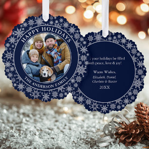 Modern Snowflakes Blue Happy Holidays Photo Tree Decoration Card